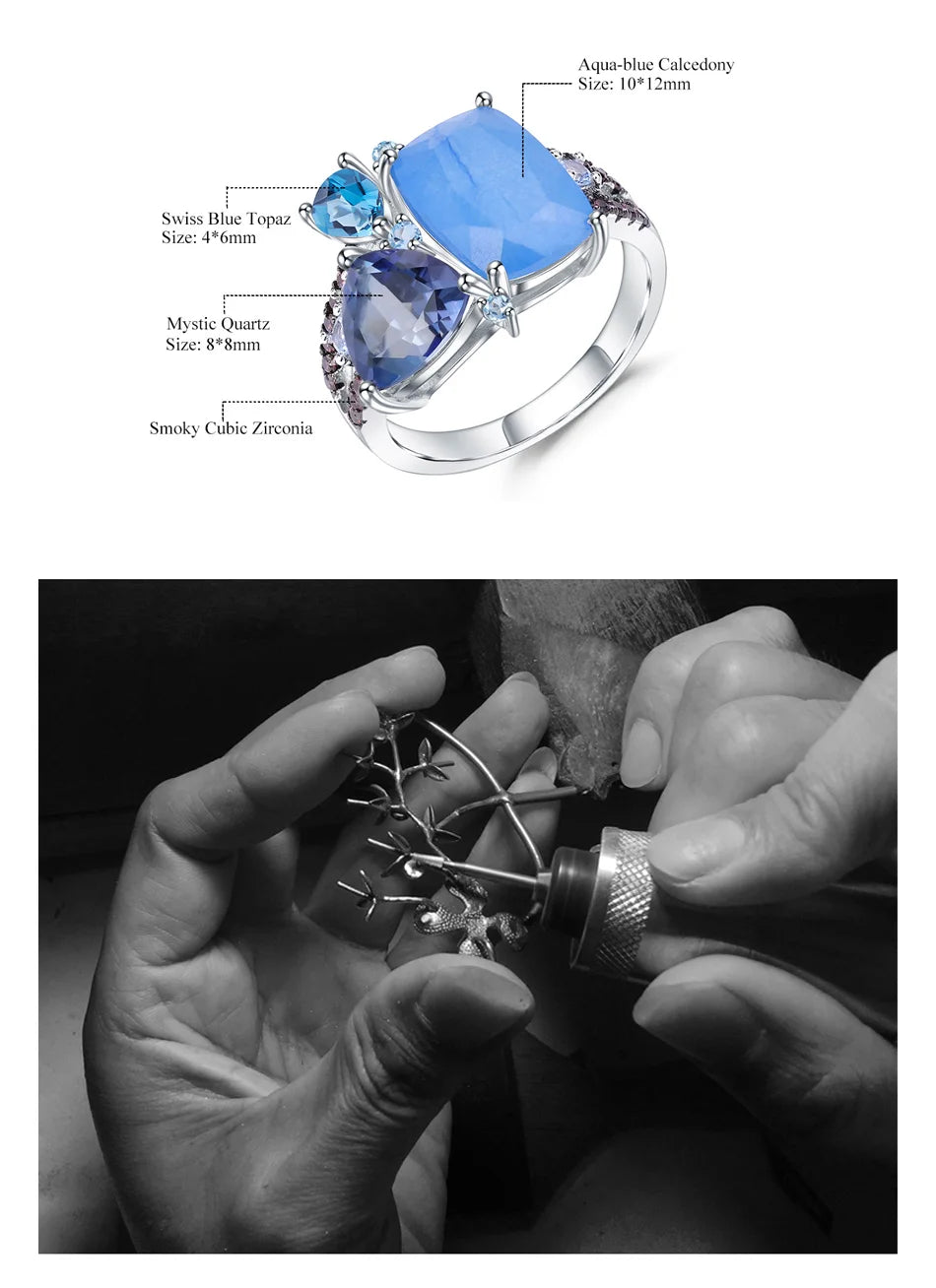 GEM'S BALLET Natural Aqua-blue Calcedony Candy Fine Jewelry 925 Sterling Silver Ring Earrings Pendant Jewelry Sets For Women