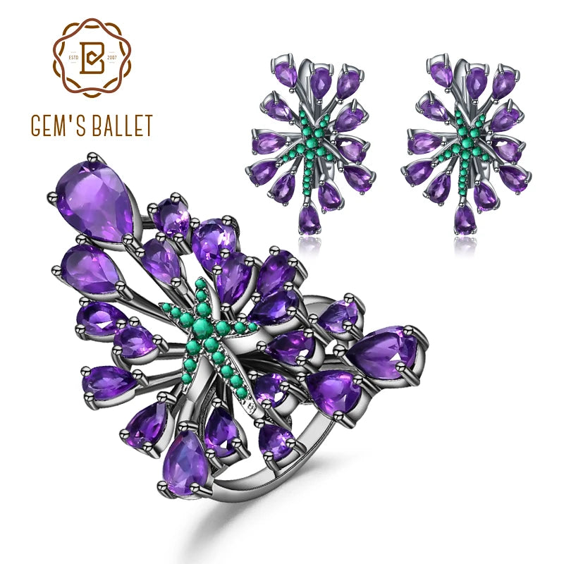 GEMS BALLET 925 Sterling Silver Amethyst Earrings Ring Set