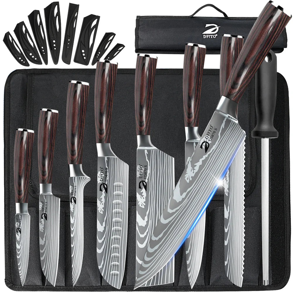 8 Piece Kitchen Knife Set Damascus Stainless Steel Chef Utility Paring Boning Cleaver Slicing Santoku Knives With Nylon Bag