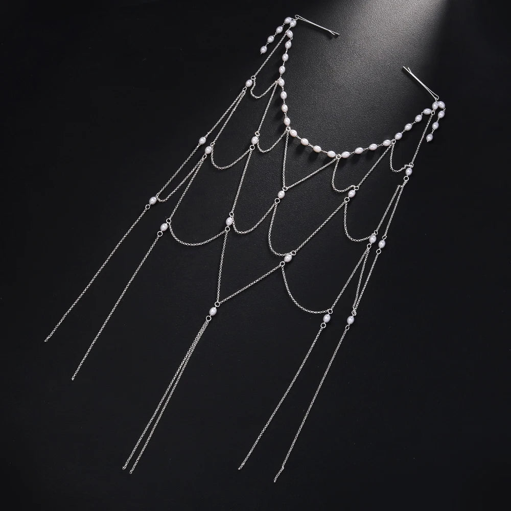 StoneFans Imitation Pearl Tassel Headband Bridal Jewelry