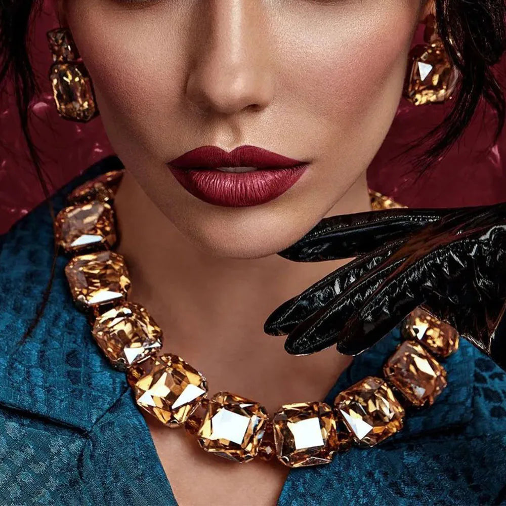 Stonefans Fashion Square Crystal Necklace Set for Women Shiny Red Rhinestone Stud Earrings Bridal Wedding Jewelry Set