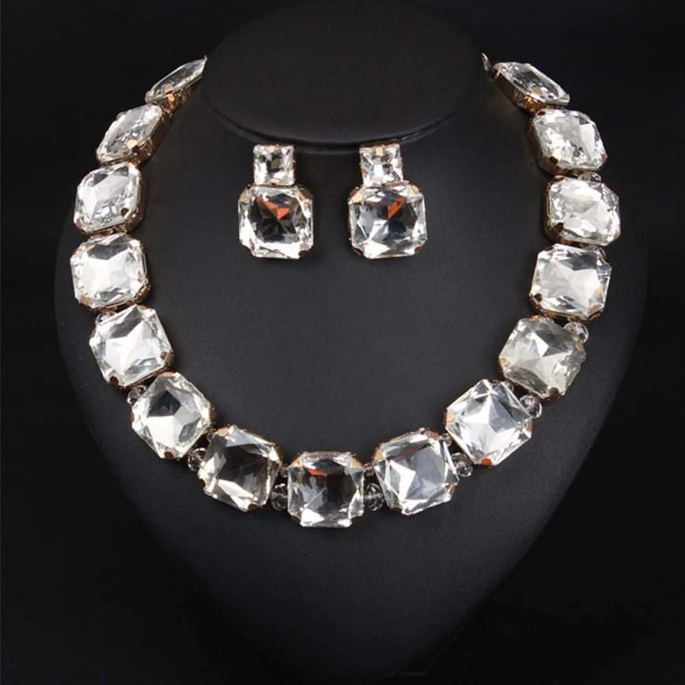 Stonefans Fashion Square Crystal Necklace Set for Women Shiny Red Rhinestone Stud Earrings Bridal Wedding Jewelry Set