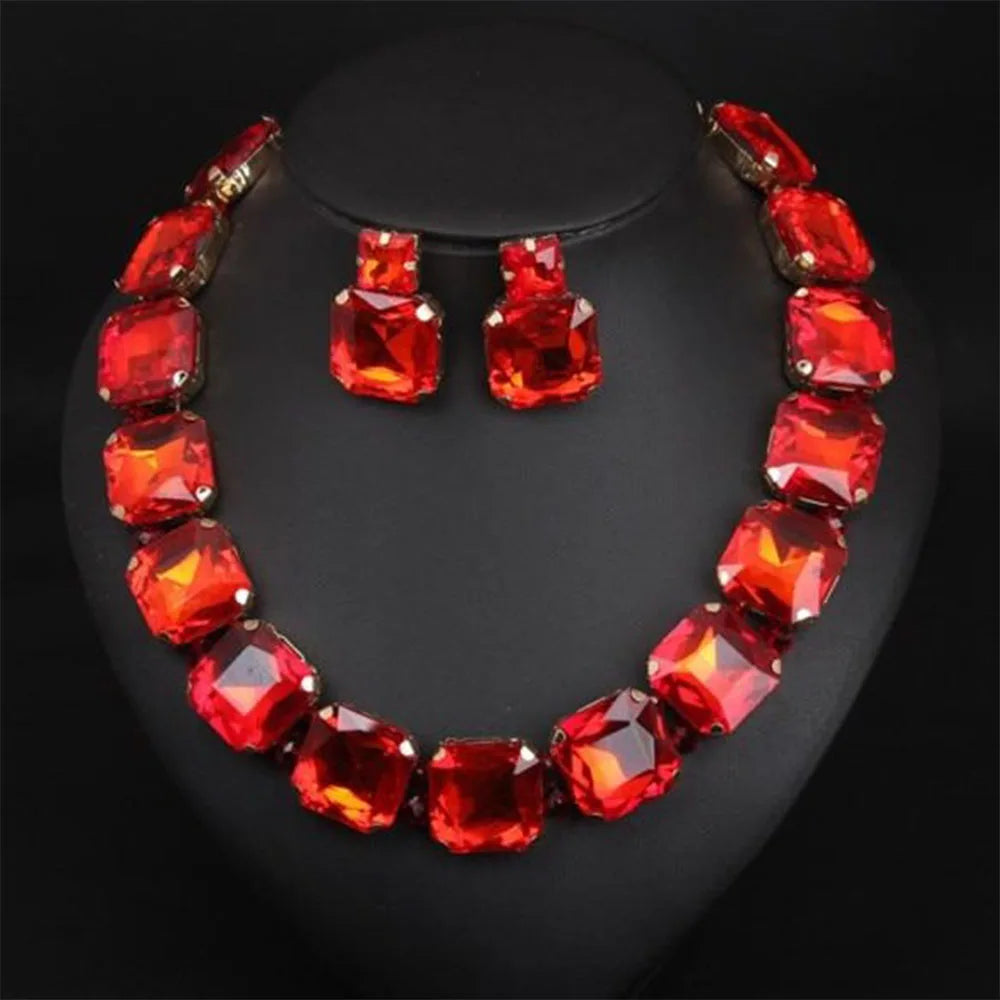 Stonefans Fashion Square Crystal Necklace Set for Women Shiny Red Rhinestone Stud Earrings Bridal Wedding Jewelry Set