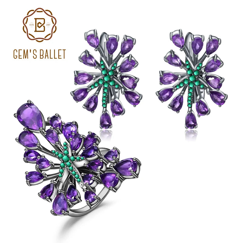 GEMS BALLET 925 Sterling Silver Amethyst Earrings Ring Set