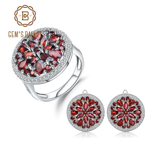 GEM'S BALLET Garnet Earrings And Ring Set In 925 Silver