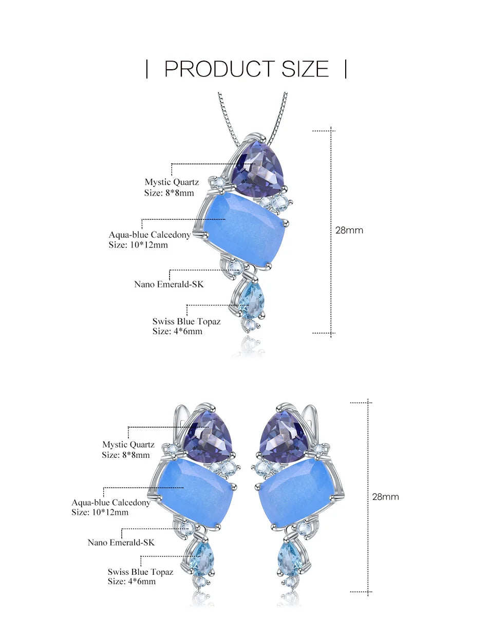 GEM'S BALLET Natural Aqua-blue Calcedony Candy Fine Jewelry 925 Sterling Silver Ring Earrings Pendant Jewelry Sets For Women