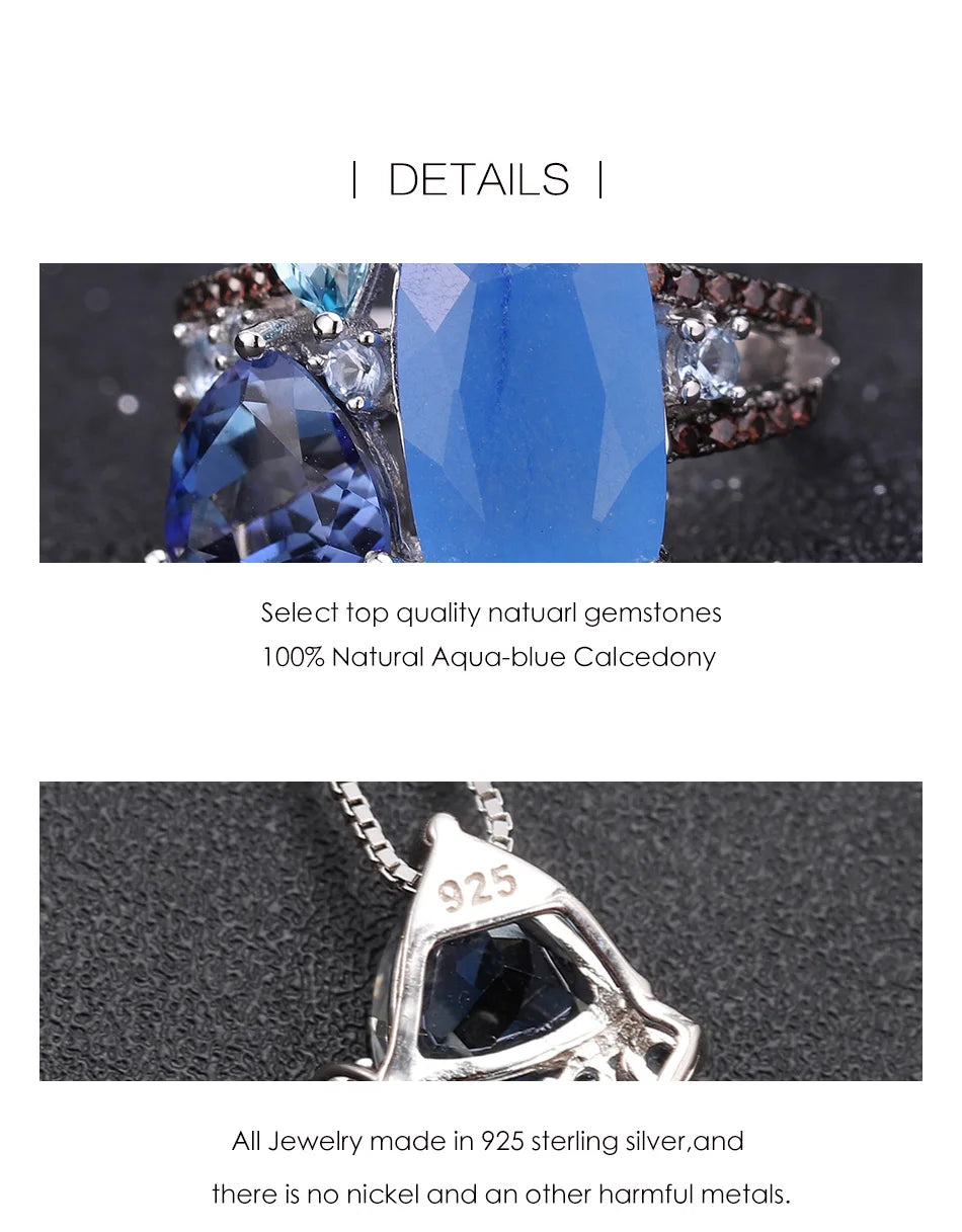 GEM'S BALLET Natural Aqua-blue Calcedony Candy Fine Jewelry 925 Sterling Silver Ring Earrings Pendant Jewelry Sets For Women