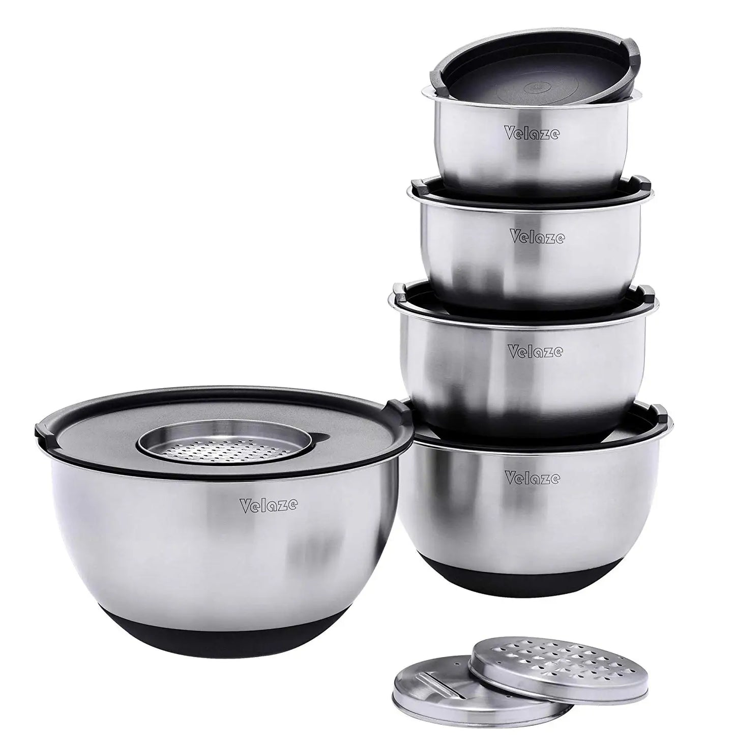 Velaze Set of 5 Stainless Steel Non Slip Salad Mixing Bowls with Grater and Lids for Baking Making and Storage 1L 1.5L 2L 3L 5L
