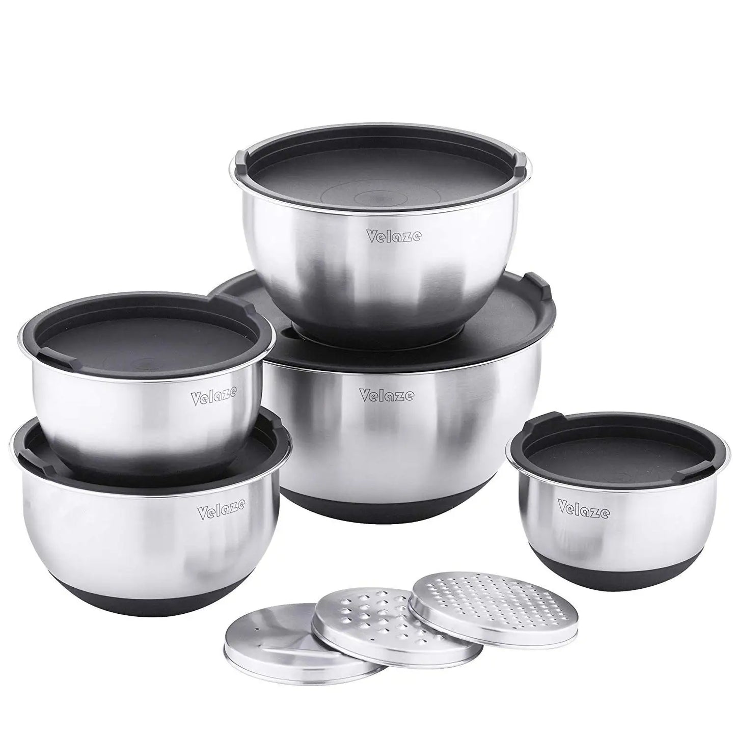 Velaze Set of 5 Stainless Steel Non Slip Salad Mixing Bowls with Grater and Lids for Baking Making and Storage 1L 1.5L 2L 3L 5L