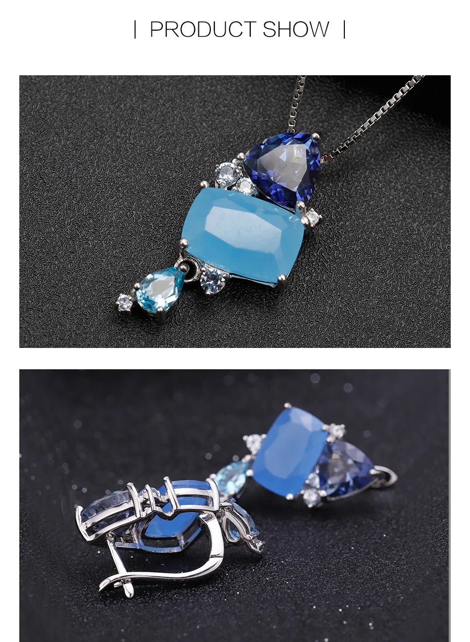 GEM'S BALLET Natural Aqua-blue Calcedony Candy Fine Jewelry 925 Sterling Silver Ring Earrings Pendant Jewelry Sets For Women