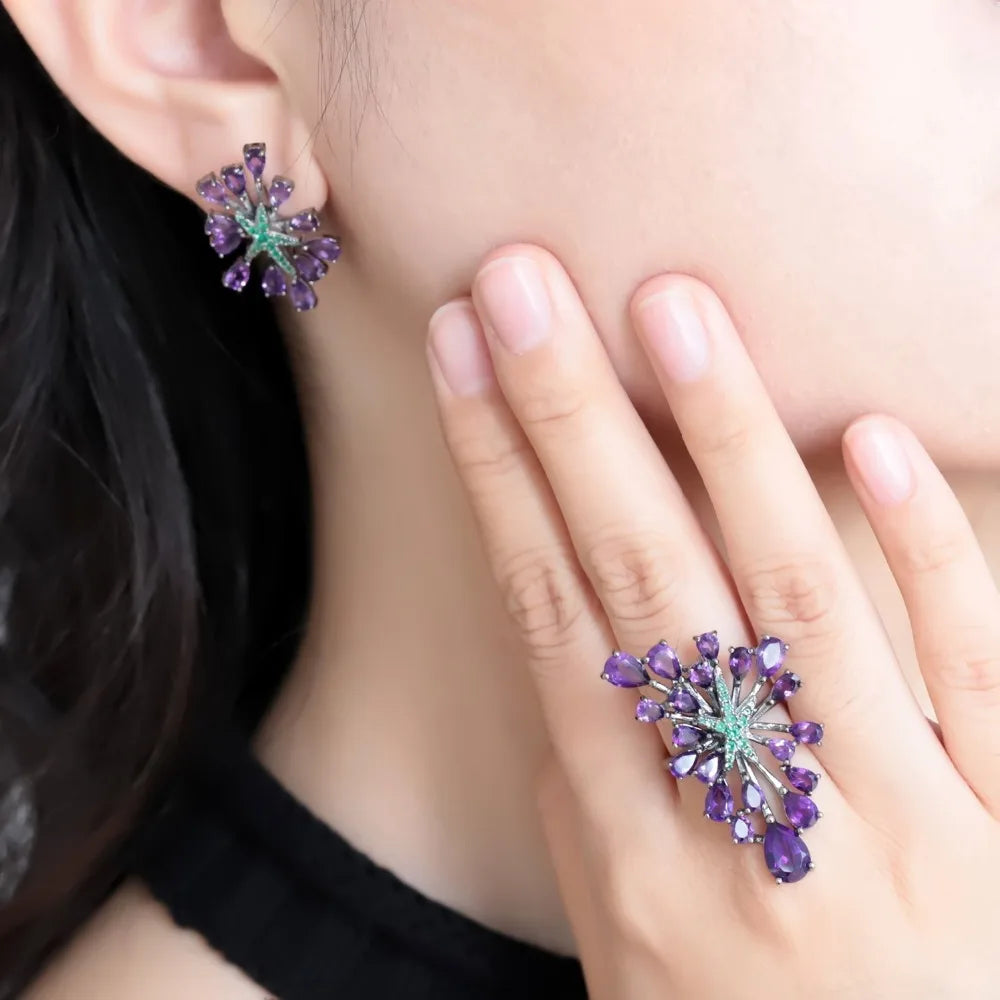 GEMS BALLET 925 Sterling Silver Amethyst Earrings Ring Set