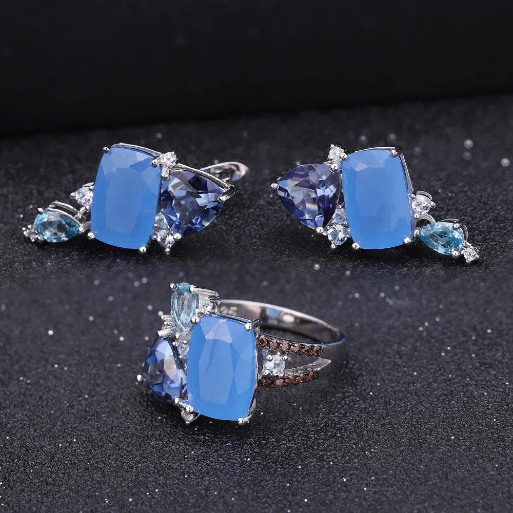 GEM'S BALLET Natural Aqua-blue Calcedony Candy Fine Jewelry 925 Sterling Silver Ring Earrings Pendant Jewelry Sets For Women