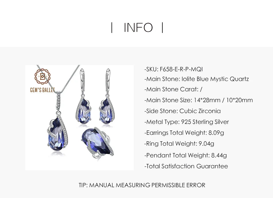 GEM'S BALLET Natural Iolite Blue Mystic Quartz Jewelry Set 925 Sterling Silver Earrings Ring Pendant Sets For Women Fine Jewelry