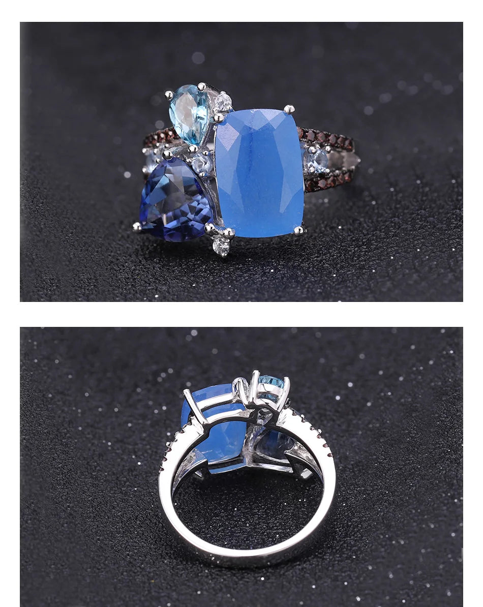 GEM'S BALLET Natural Aqua-blue Calcedony Candy Fine Jewelry 925 Sterling Silver Ring Earrings Pendant Jewelry Sets For Women