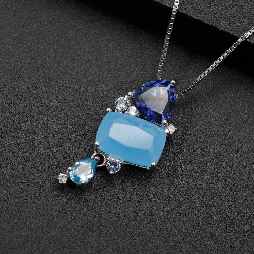 GEM'S BALLET Natural Aqua-blue Calcedony Candy Fine Jewelry 925 Sterling Silver Ring Earrings Pendant Jewelry Sets For Women