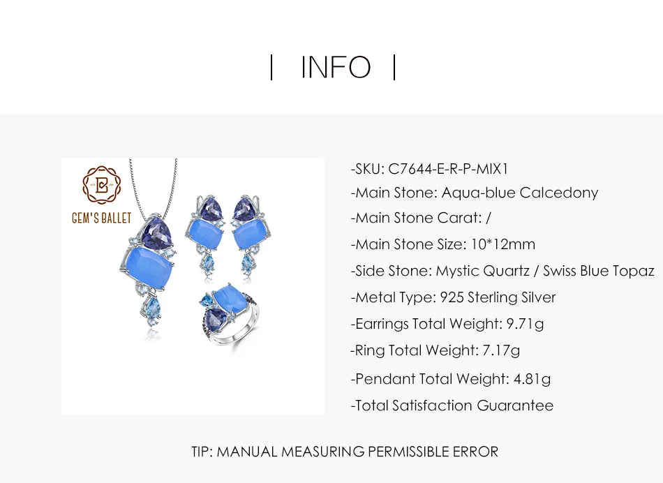 GEM'S BALLET Natural Aqua-blue Calcedony Candy Fine Jewelry 925 Sterling Silver Ring Earrings Pendant Jewelry Sets For Women
