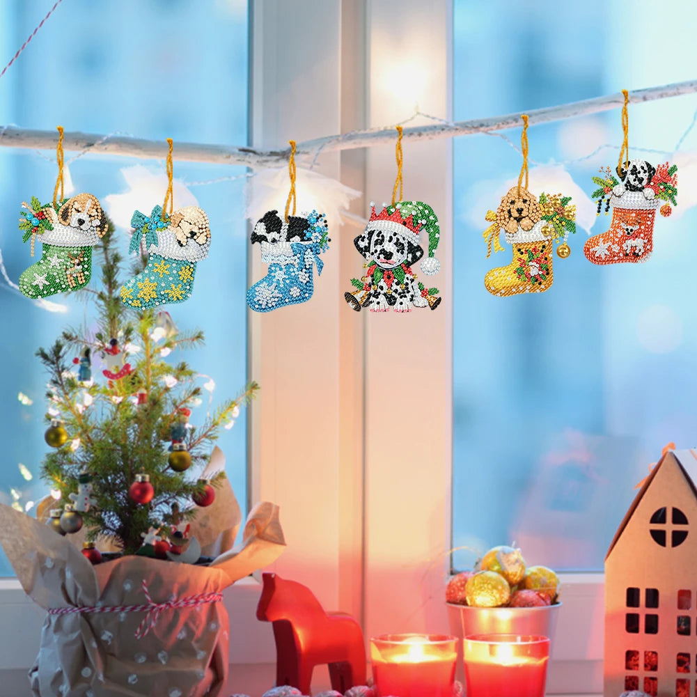 15pcs Xmas Dog Theme 2D Flat DIY Hanging Diamond Art Kits Home Wall Decoration