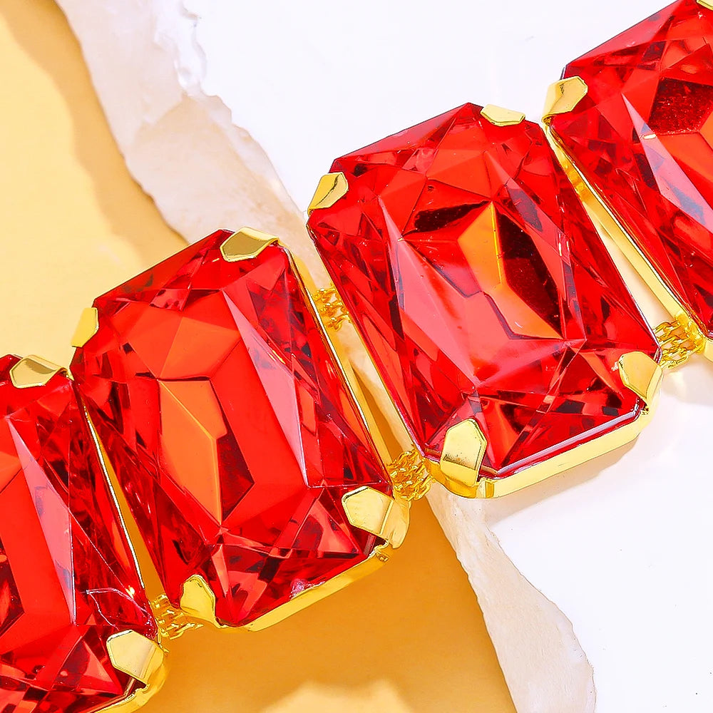 Stonefans Fashion Square Crystal Necklace Set for Women Shiny Red Rhinestone Stud Earrings Bridal Wedding Jewelry Set