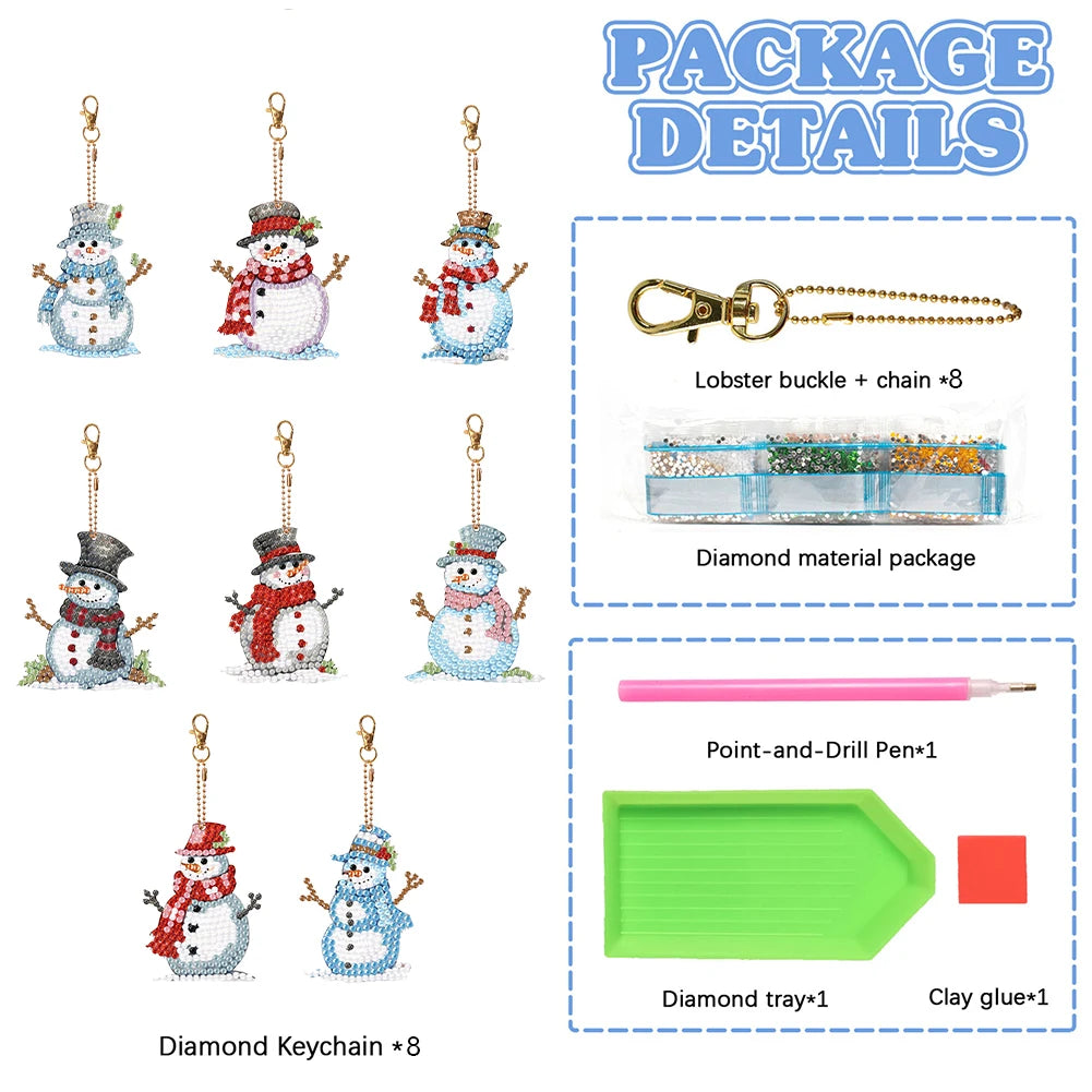 8PCS Full Drill Keyring Double Sided Diamond Art Keyring Rhinestone Painting Keychain Pendant for Adult Kid Purse Handbag Decor