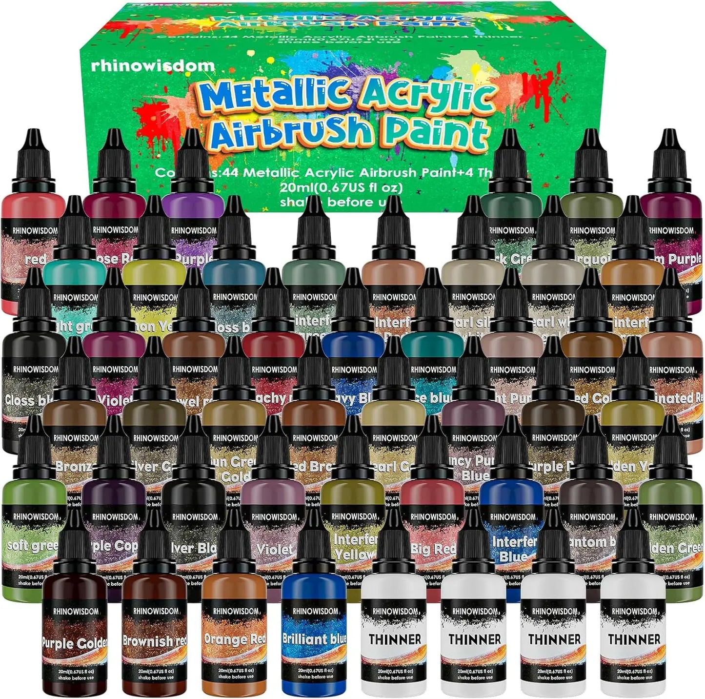 44 Colors with 4 Thinner Metallic Airbrush Paint Set (0.67 oz), Water Based Acrylic Air Brush Paint for Metal, Plastic Models, C