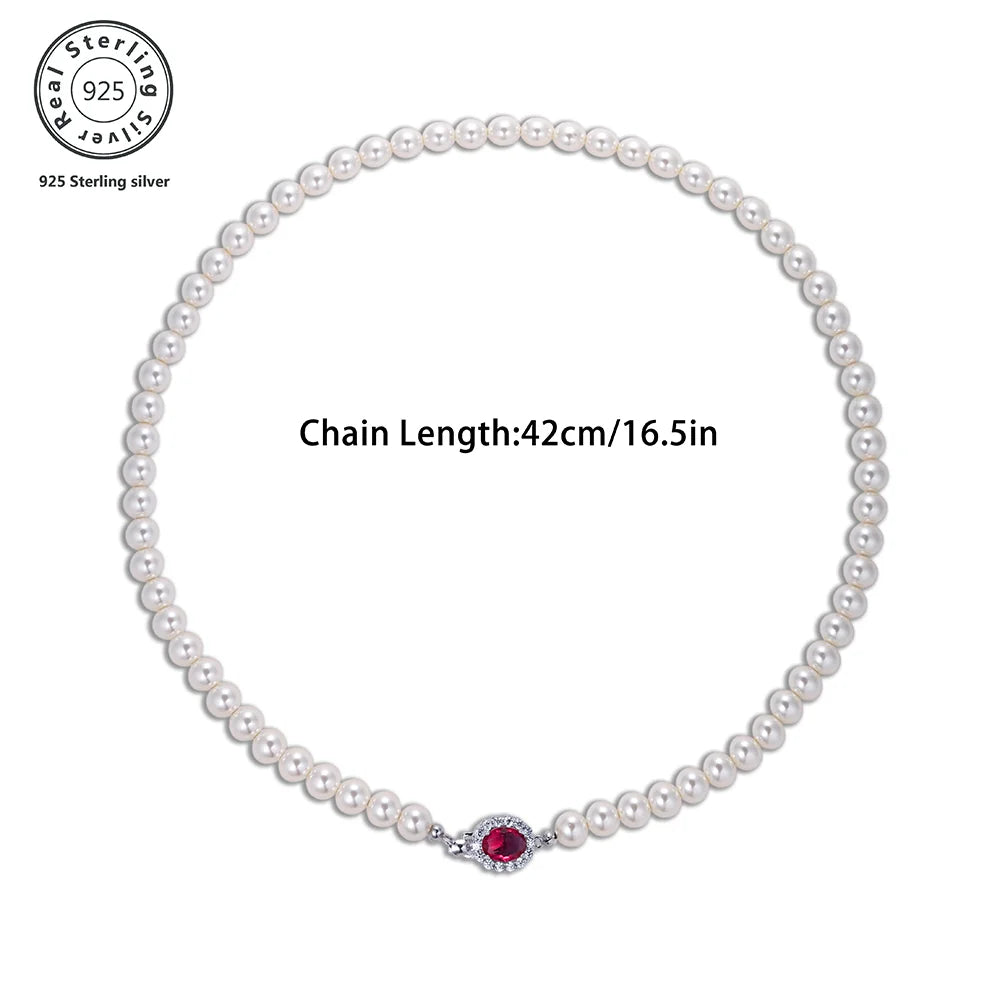 Vintage Red Shiny Crystal Pearl Necklace for Women S925 Sterling Silver Collarbone Sweater Chain