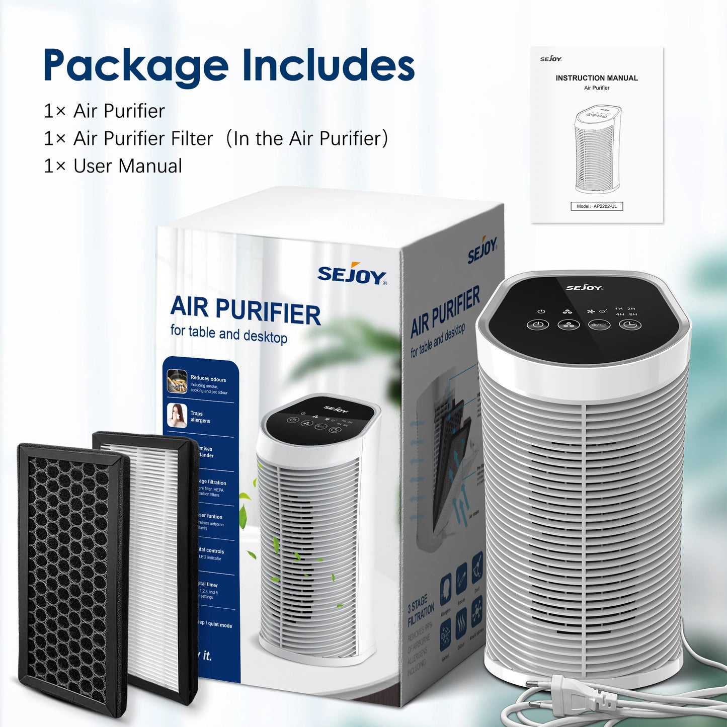 Sejoy Air Purifier HEPA Filter for Indoor 200 Square Feet with 99.9 Percent Removal and Ionizer Quiet 3 Speeds Bedroom Pets Air Purifier