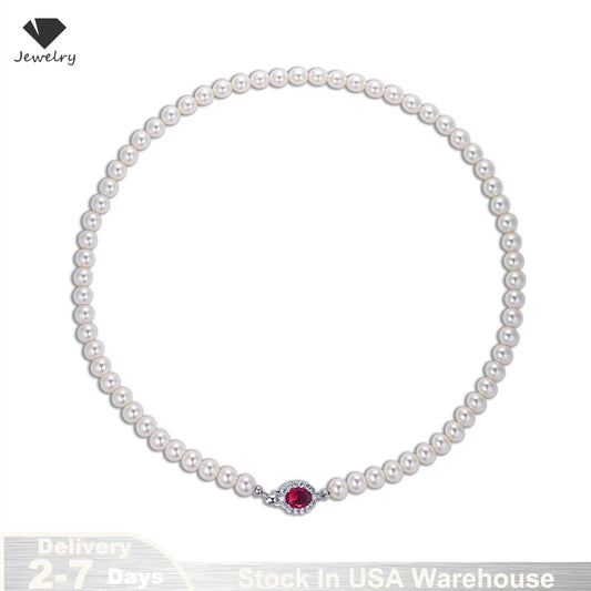 Vintage Red Shiny Crystal Pearl Necklace for Women S925 Sterling Silver Collarbone Sweater Chain