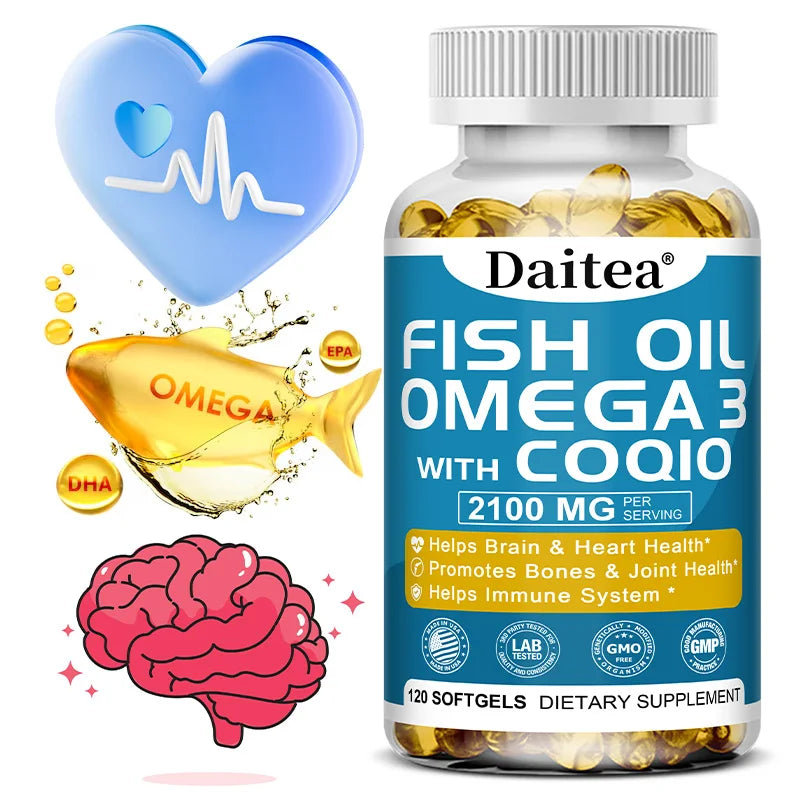Omega 3 Fish Oil Capsules Triple Strength 2100 Mg EPA & DHA High Antioxidant Brain Heart Health, Helps Immune Cognitive Function