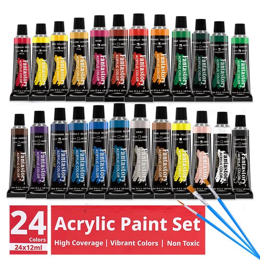12ML 24 Colors Acrylic Paint Set with 3 Paint Brushes, Ideal Gifts for Painters, Paint Supplies for Adults, Drawing & Painting