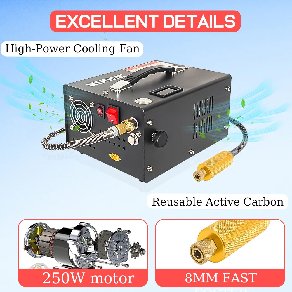 4500Psi 30Mbar Portable PCP Air Compressor Pump 12VDC/110V Power Oil/Water-Free High Pressure Diving Bottle