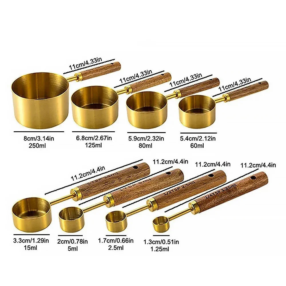 4/8Pcs Measuring Cups Spoons Stainless Steel Gold Wooden Handle Baking Tools Coffee Bartending Scale Kitchen Accessories Set