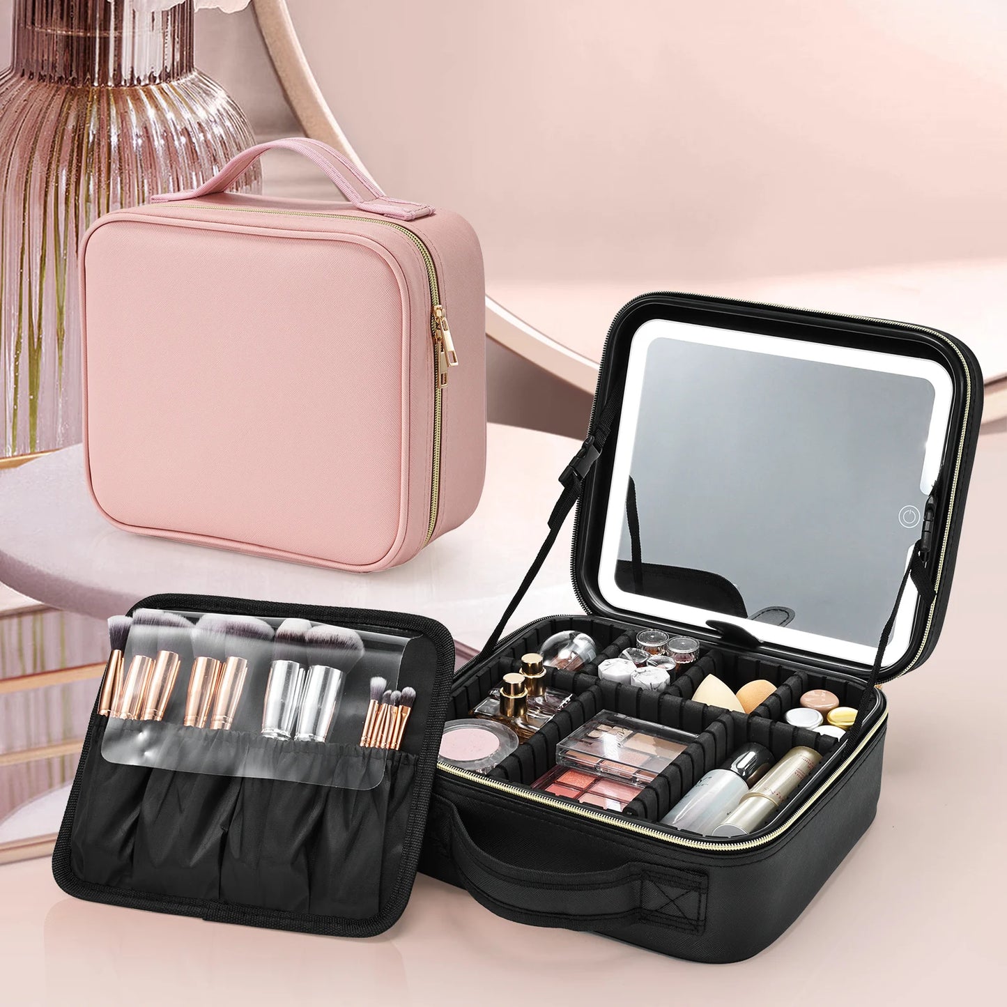 Makeup Bag With LED Mirror 3 Modes Lights Travel Makeup Case Lighted Vanity Mirror Portable Cosmetic Organizer