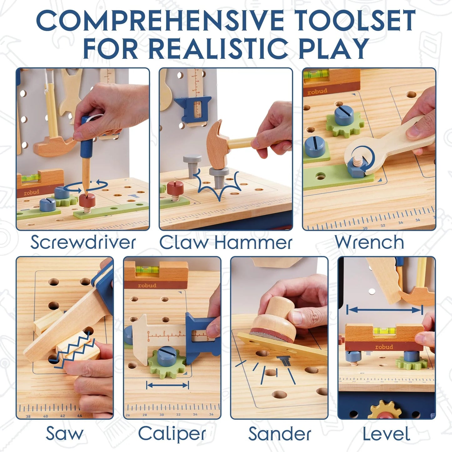Robotime Robud Wooden Toy Workbench Large Kid's Wooden Play Tool  Pretend Play Creative Building Set Gift for Girls & Boys 3+