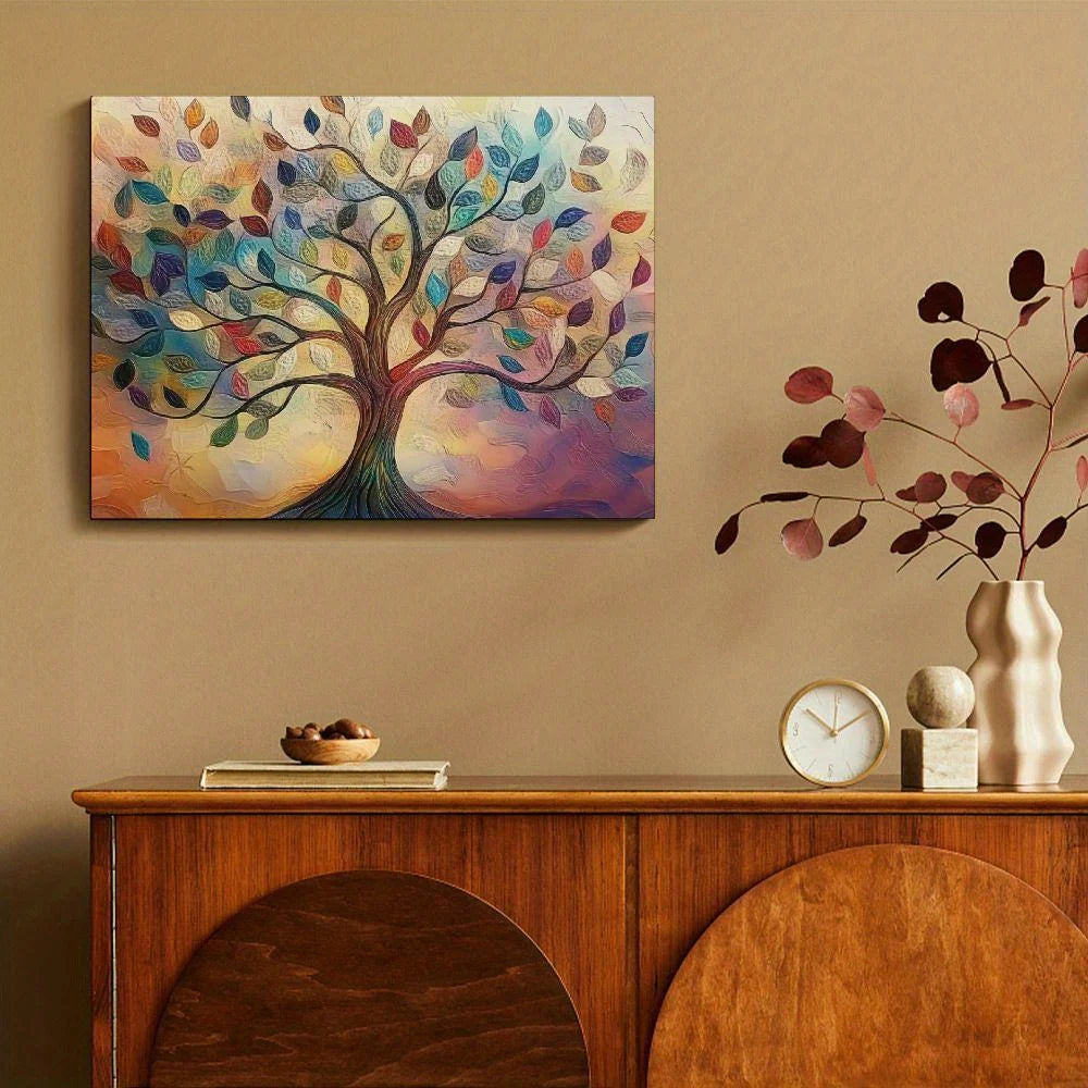 1PC Fir Framed Tree of Life Canvas Painting Abstract World Tree Wall Art for Living Room Bedroom Decoration