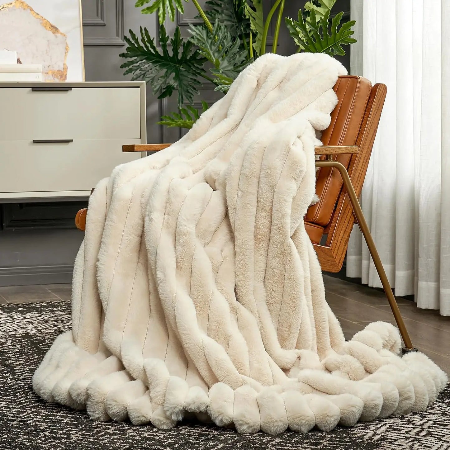 Comfortable faux fur sofa blanket 50 * 60 inches beige