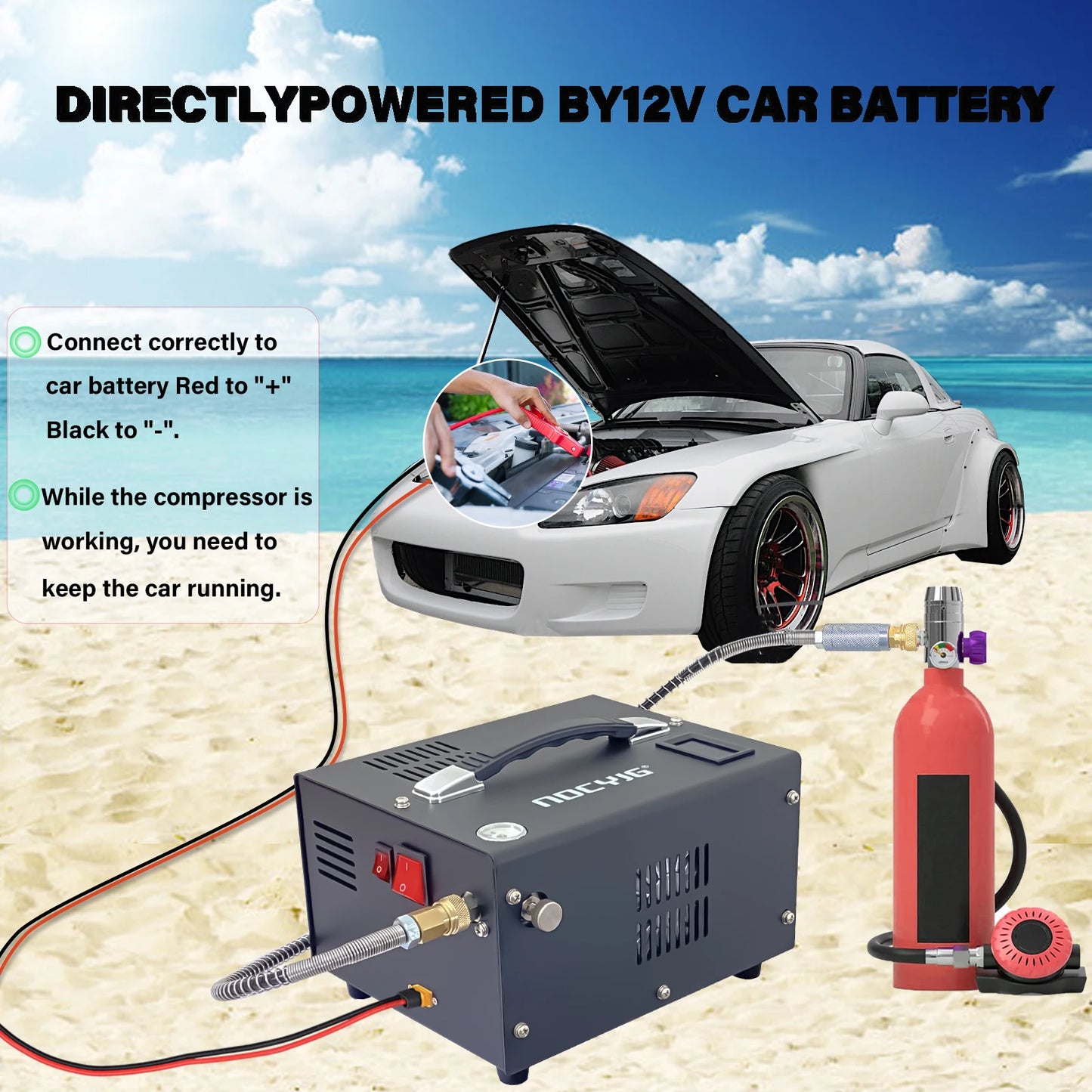 4500Psi 30Mbar Portable PCP Air Compressor Pump 12VDC/110V Power Oil/Water-Free High Pressure Diving Bottle