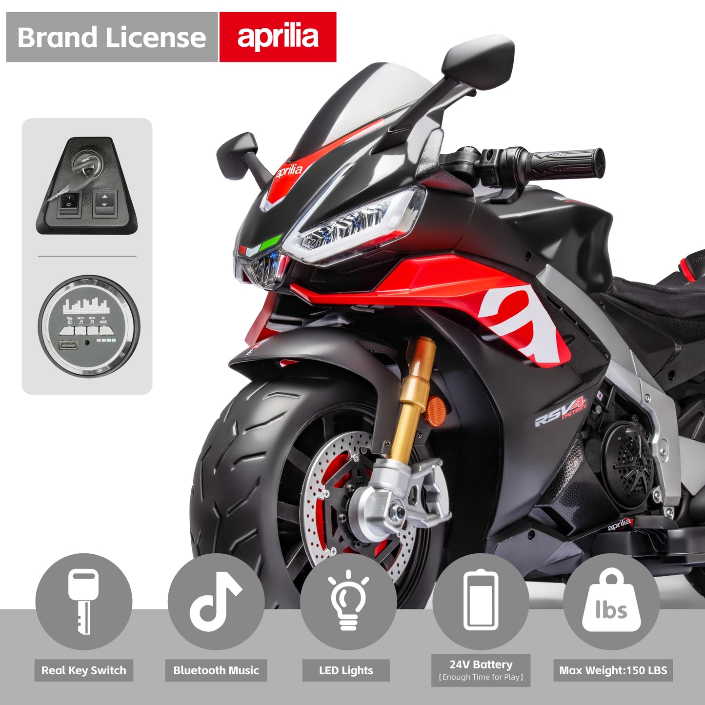 Aprilia Licensed 24V Kids Electric Motorcycle Ride On With LED Lights Bluetooth Music