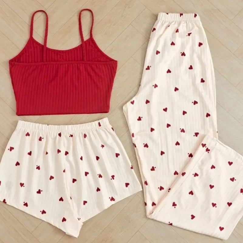 3pcs Women's Pajamas Heart-shaped Printed Vest Shorts And Pants Paired With Ribbed Fabric For Home Casual Women's Sleepwear Set