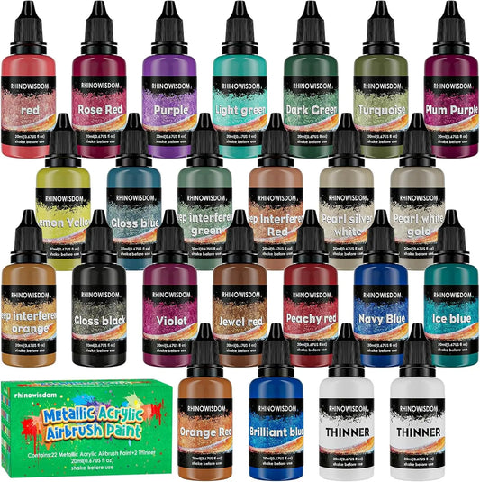 Metallic Acrylic Airbrush Paint - 22 Colors with 2 Thinner Airbrush Paint Set (0.67 oz), Water Based Acrylic Air Brush Paint