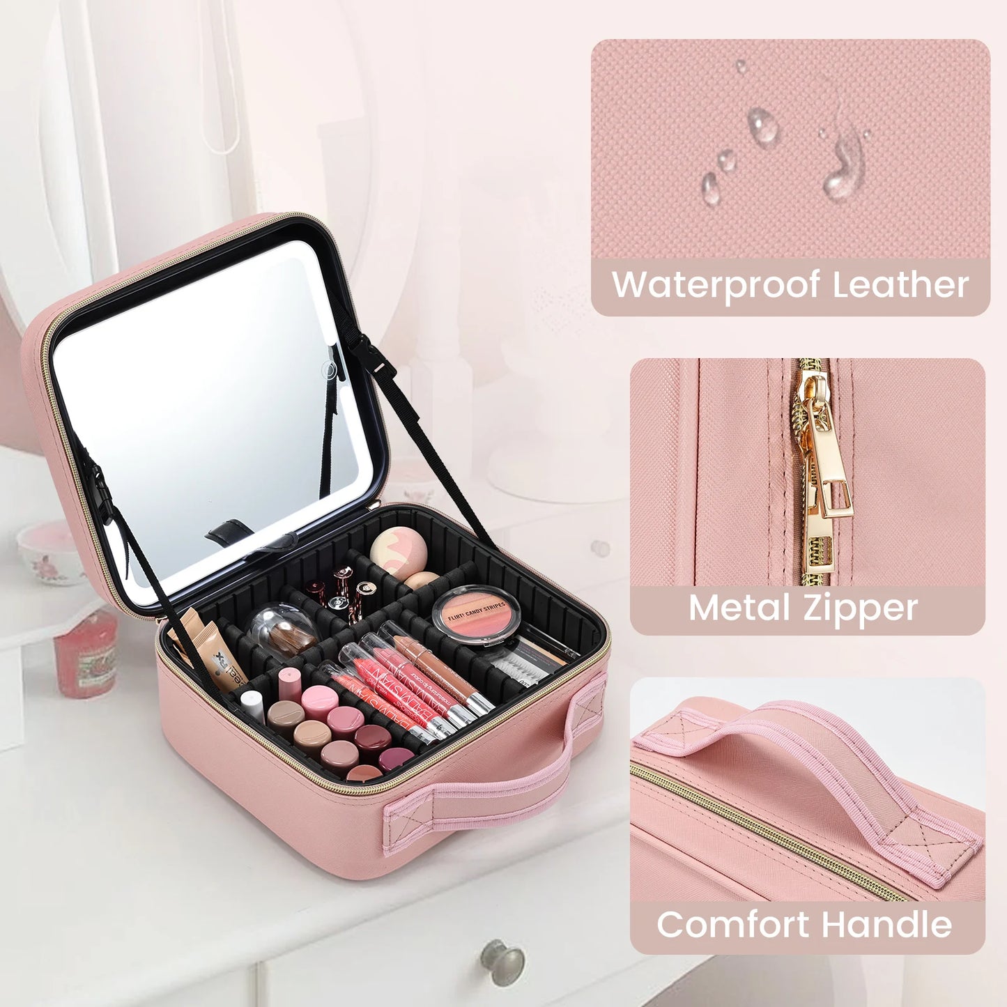 Makeup Bag With LED Mirror 3 Modes Lights Travel Makeup Case Lighted Vanity Mirror Portable Cosmetic Organizer