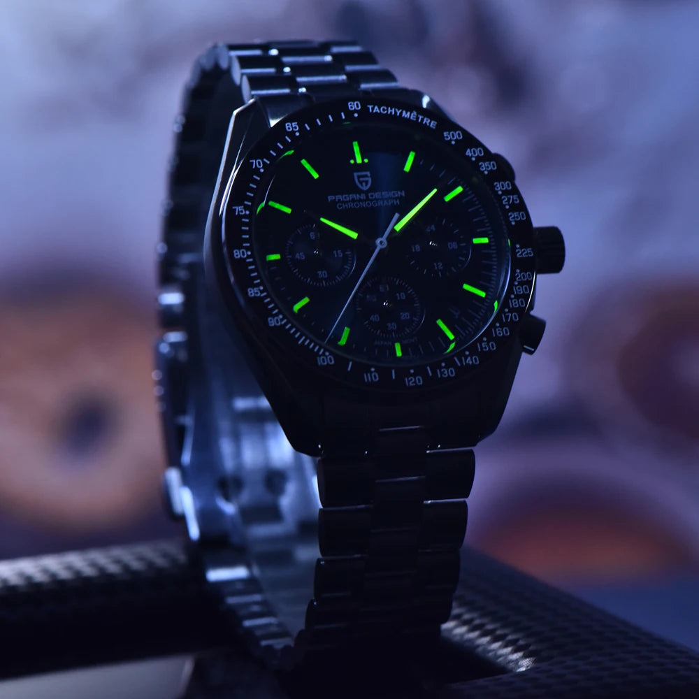 Pagani Design 2025 New Moon Men's Luxury Quartz Watch VK63 Chronograph AR Sapphire Mirror Ceramic Bezel Luminous