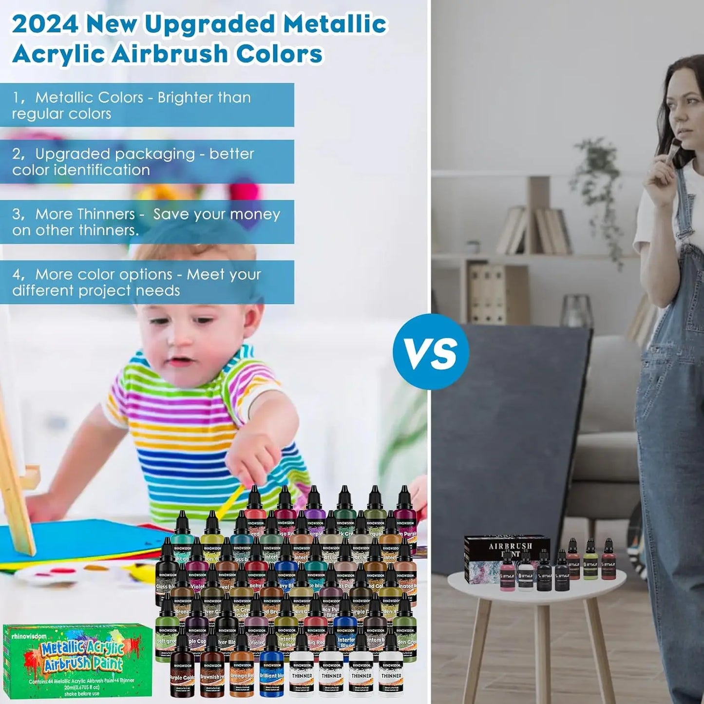 44 Colors with 4 Thinner Metallic Airbrush Paint Set (0.67 oz), Water Based Acrylic Air Brush Paint for Metal, Plastic Models, C