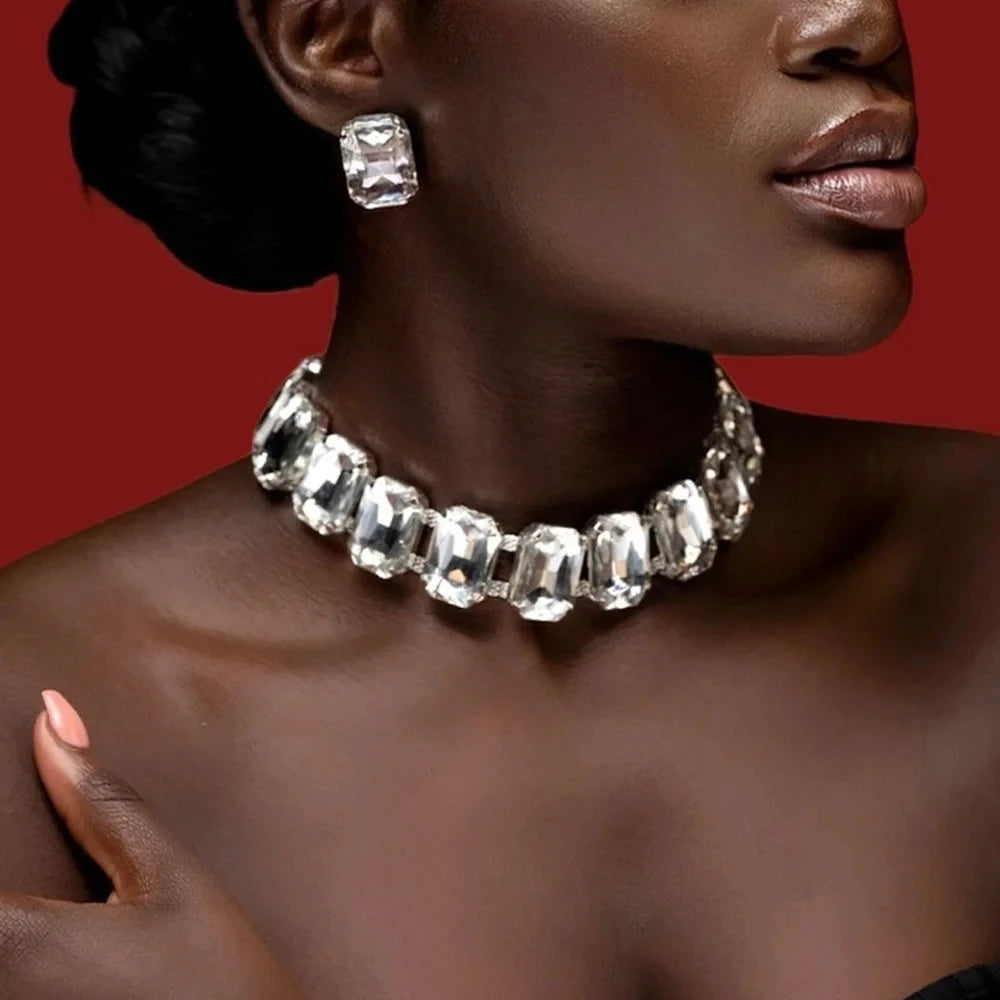 Stone Fans Rhinestone Necklace Earrings Set Bridal Jewelry