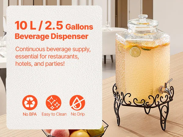 Drink Dispenser 2.5 Gal Beverage Dispenser for Parties Glass with Stand