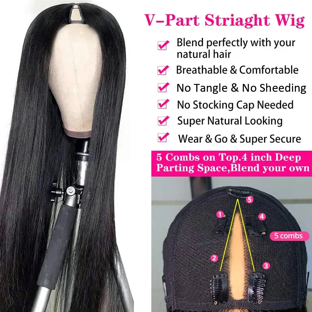 32 Inch Straight V Part Human Hair Wigs 200 Density Straight Brazilian Wig For Women V part Human Hair Head Clip In Halr Wig