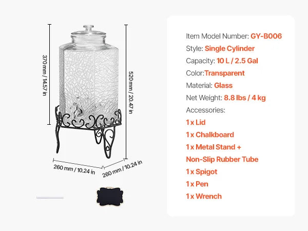 Drink Dispenser 2.5 Gal Beverage Dispenser for Parties Glass with Stand