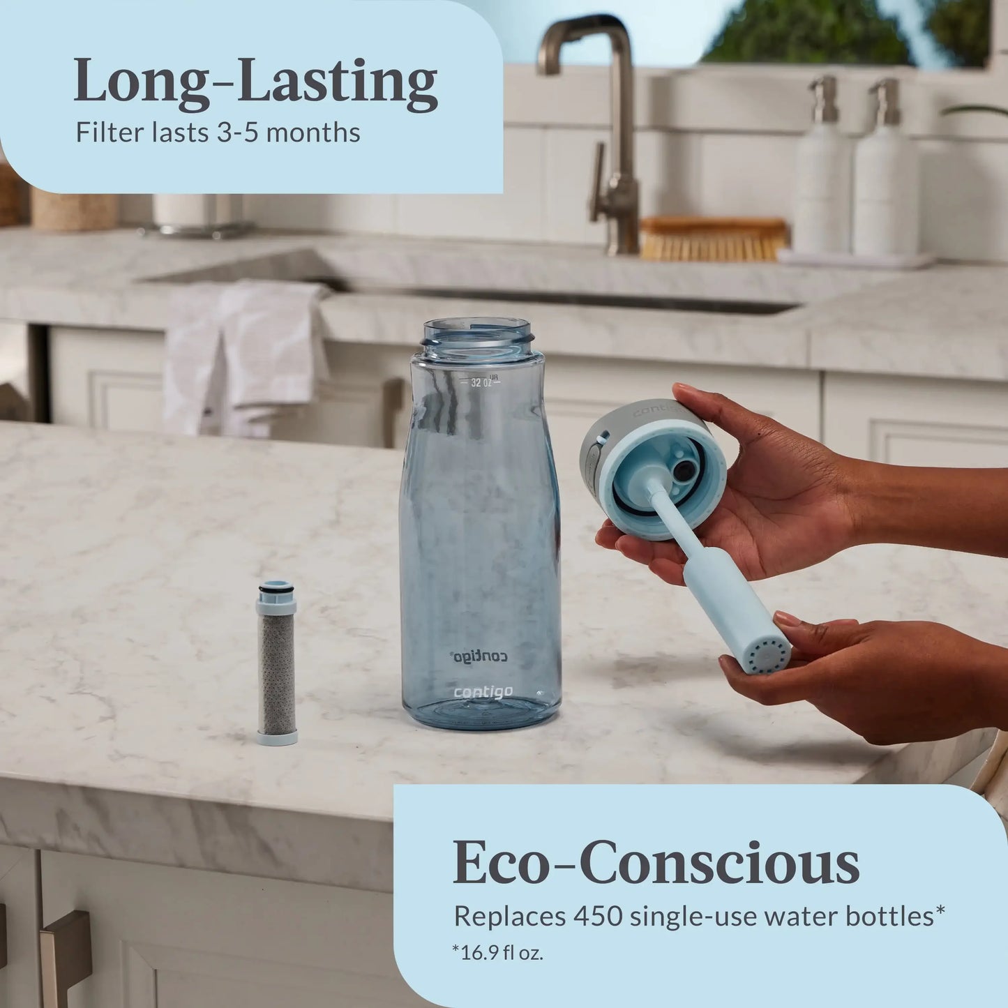 Plastic Filter Water Bottle with  Straw Lid, 32 oz., Dark Ice