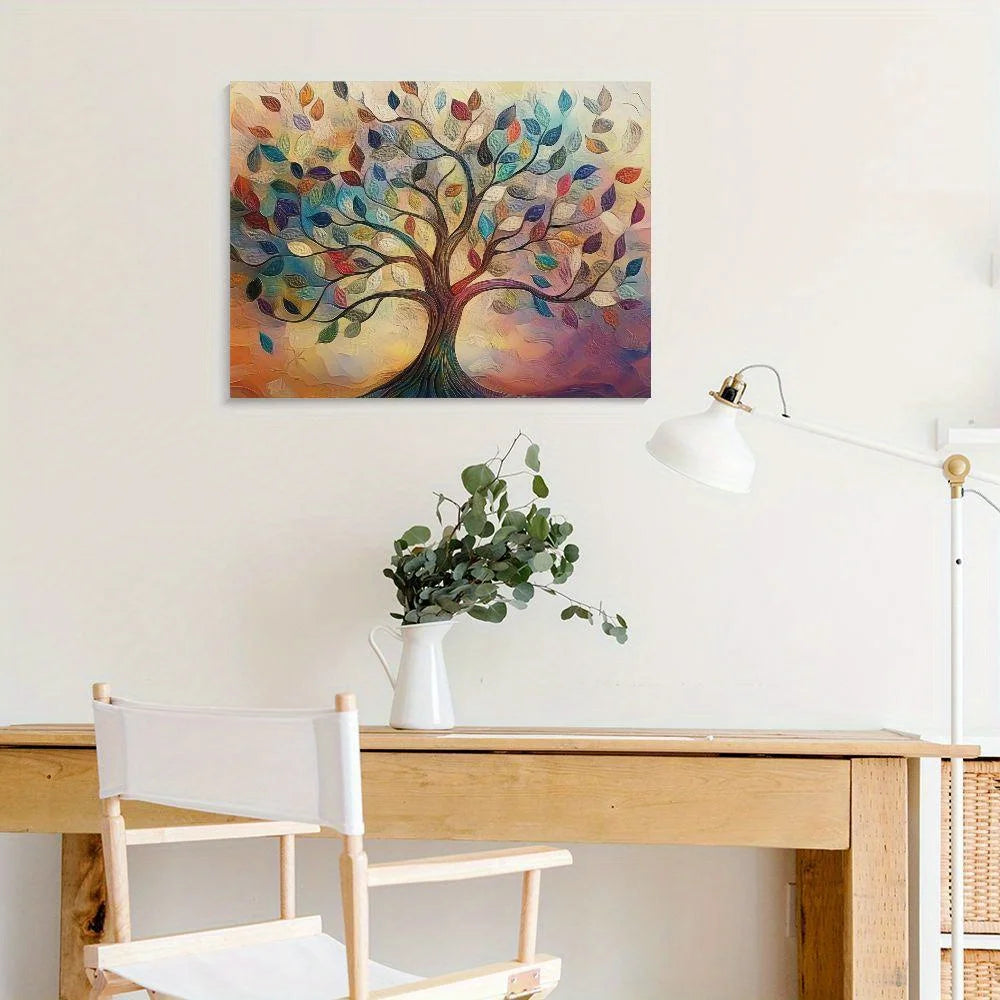 1PC Fir Framed Tree of Life Canvas Painting Abstract World Tree Wall Art for Living Room Bedroom Decoration