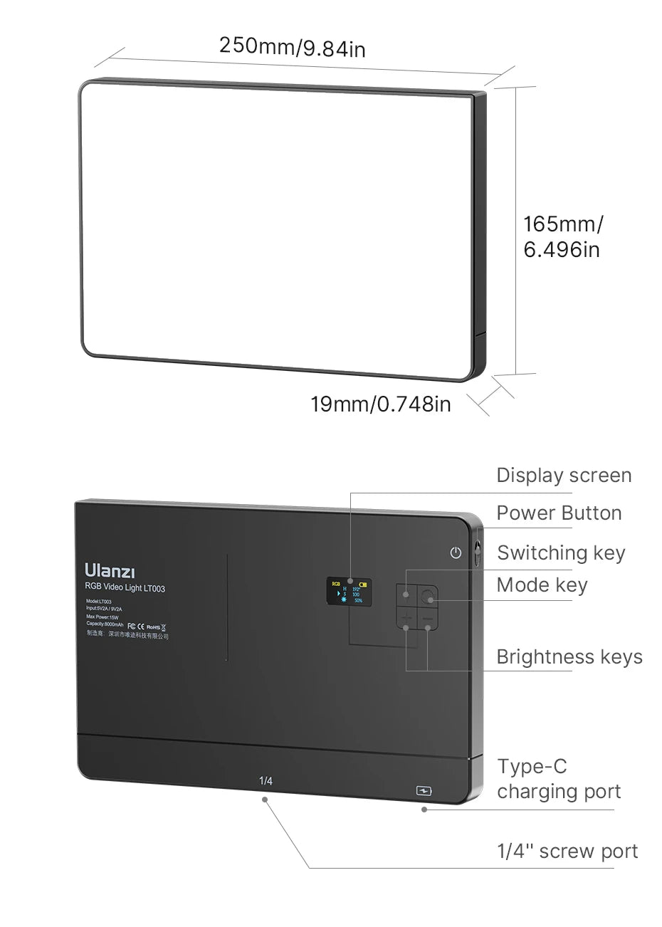 Ulanzi LT003 RGB Video Light Full Color Panel Light 8000mAh Dimmable 2500-9000K CRI 95+ Photo Studio Lamp 266 Beads Livestream