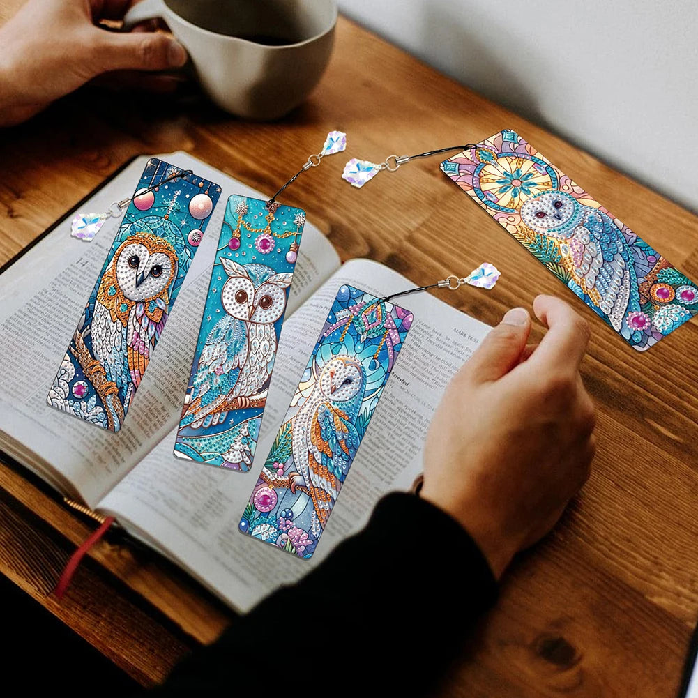 8Pcs DIY Owl Diamond Painting Art Bookmarks with Crystal Pendants for Reading